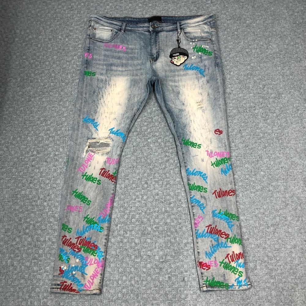 Tulones Jeans Mens 44 Light Wash Distressed Graffiti All Over Denim Casual Norm